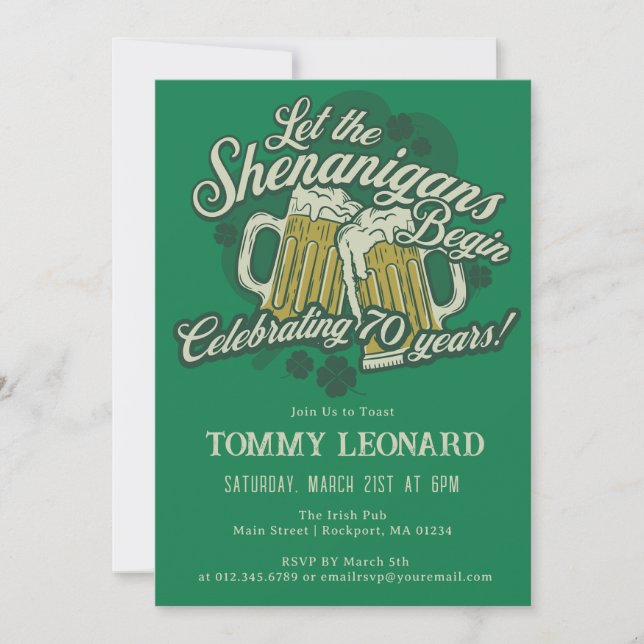 70th Birthday Irish St.Patrick's Day Beer Invitation (Front)