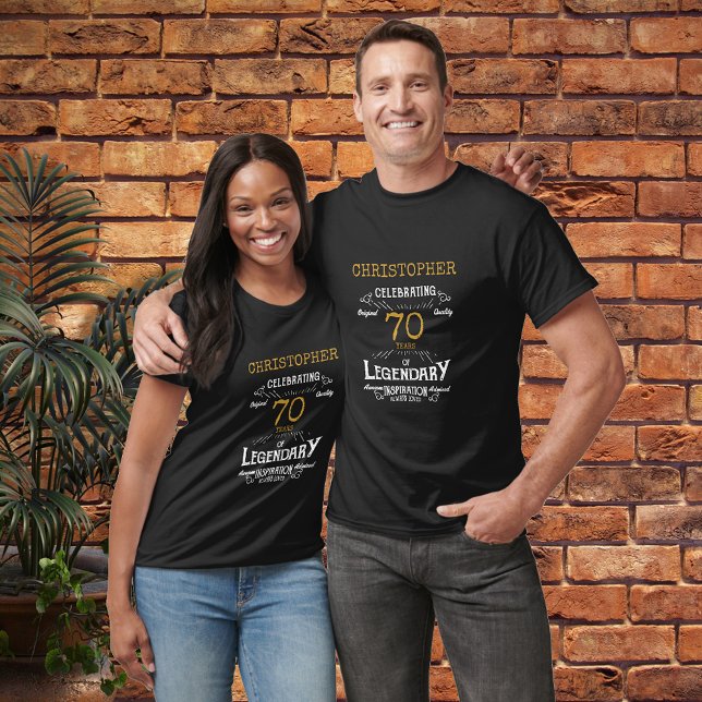 70th Birthday Legendary Black Gold Retro T-Shirt (A personalized classic party T-shirt for that special 70th birthday and celebrating turning 70.)