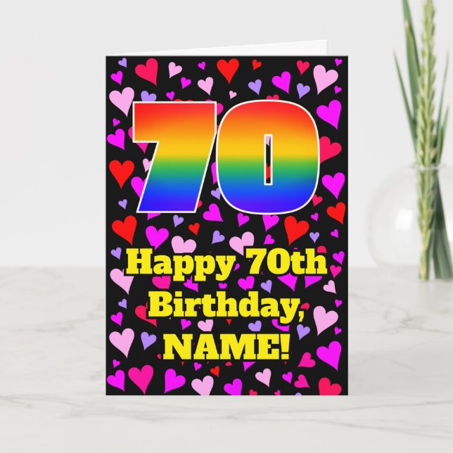 70th Birthday: Loving Hearts Pattern, Rainbow # 70 Card (Front)