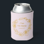 70th Birthday Luxe Gold Rose Blush Pink Can Cooler<br><div class="desc">Elegant 70th birthday personalised can cooler features pretty script calligraphy surrounded by a luxe gold rose wreath. The open gold roses look lovely against the blush pink background. You can actually change the background colour to any colour. All of the text can be edited. This item is part of the...</div>