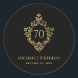 70th Birthday Man Black Gold Elegant Vintage Crest Classic Round Sticker<br><div class="desc">An elegant black and gold design with the age in a vintage crest, recommended for a man's birthday. The crest is faux gold foil, the background is black. Under the crest, in small caps, there are the name and occasion in golden letters and the date. The vintage floral crest from...</div>