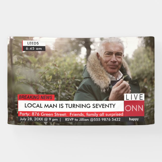 70th Birthday Men's 🎉 Funny TV News Fake Media Banner (Horizontal)