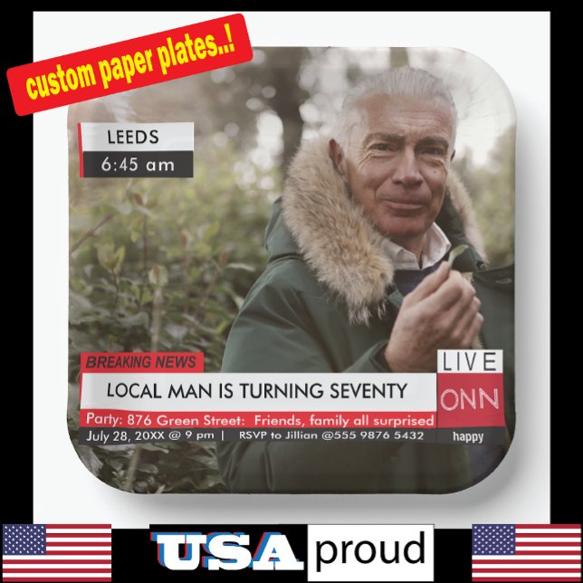 70th Birthday Men's 🎉 Funny TV News Fake Media Paper Plate (Creator Uploaded)