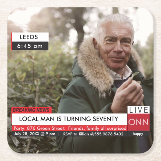 70th Birthday Men's 🎉 Funny TV News Fake Media Square Paper Coaster (Front)