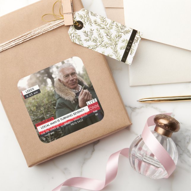 70th Birthday Men's 🎉 Funny TV News Fake Media Square Sticker (Gifting)