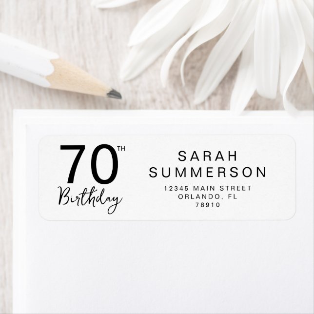 70th Birthday Minimal Black White Script Address (Insitu)