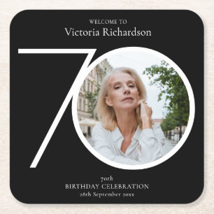 70th Birthday Minimalist Black Typography Photo  Square Paper Coaster