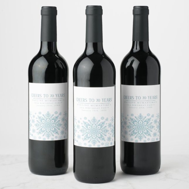 70th Birthday Minimalist Blue Snowflake Custom Wine Label (Bottles)