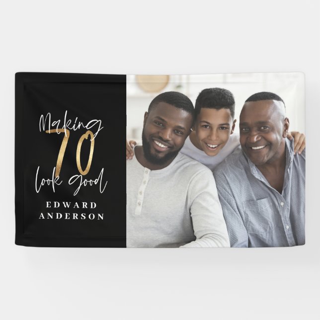 70th birthday modern black and gold photo collage banner (Horizontal)