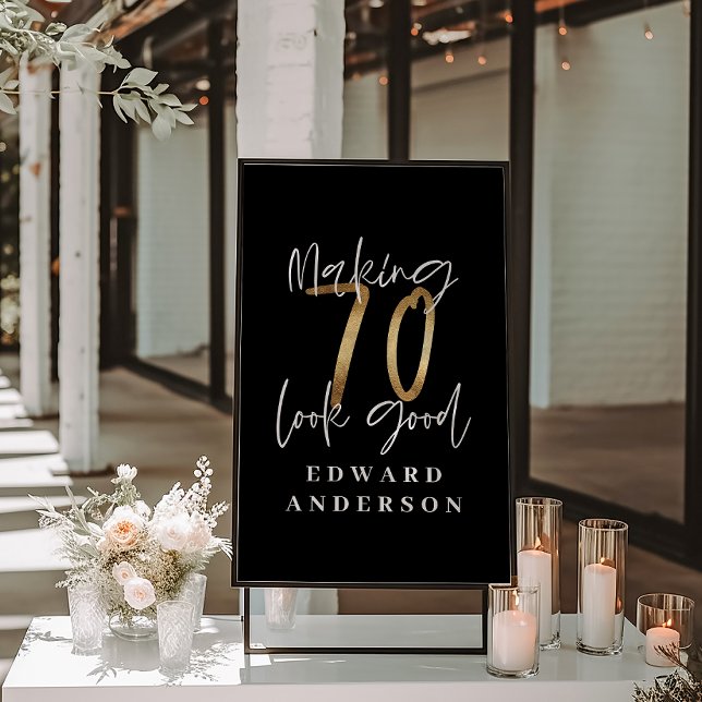 70th birthday modern black and gold photo collage poster (Creator Uploaded)