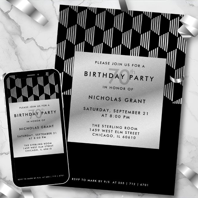 70th Birthday Modern Black Faux Silver Foil Invitation (Creator Uploaded)