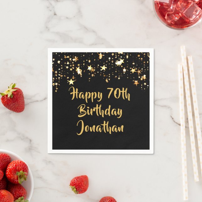 70th Birthday Modern Black Gold Stars Name Napkin (Insitu)