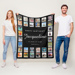 70th Birthday Modern Chic Photo Collage Black Fleece Blanket