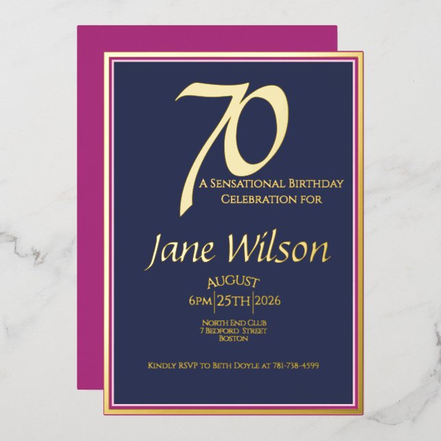70th Birthday Modern Elegant Pink Navy  (Front/Back)