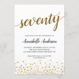 70th Birthday Modern Gold Confetti Dots Script Invitation