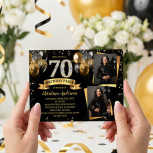 70th Birthday Modern Gold Glitter Balloons 2 Photo Invitation