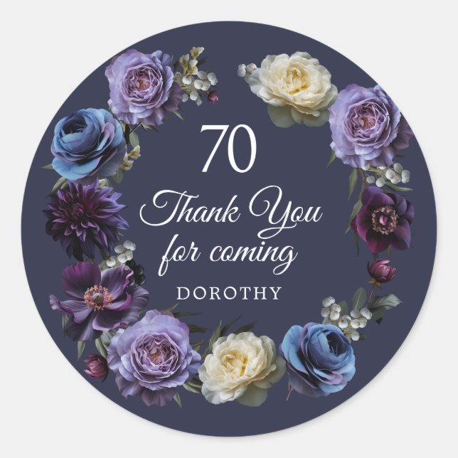 70th Birthday Moody Purple Flower Thank You Favour Classic Round Sticker (Front)