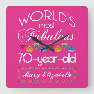 70th Birthday Most Fabulous Colourful Gems Pink Square Wall Clock