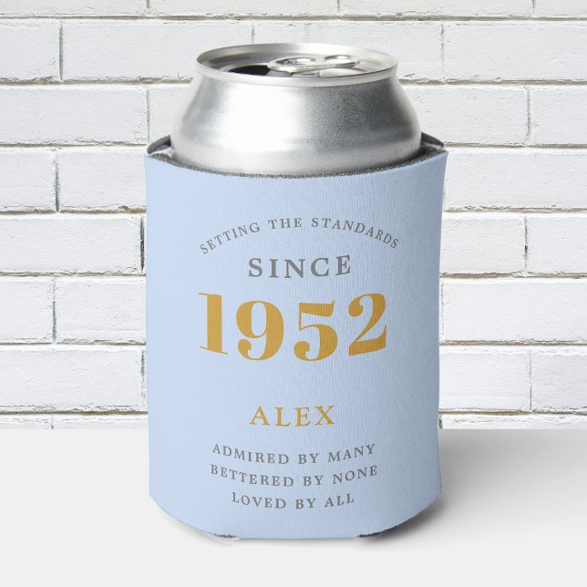 70th Birthday Name 1952 Blue Grey Elegant Chic Can Cooler (Creator Uploaded)