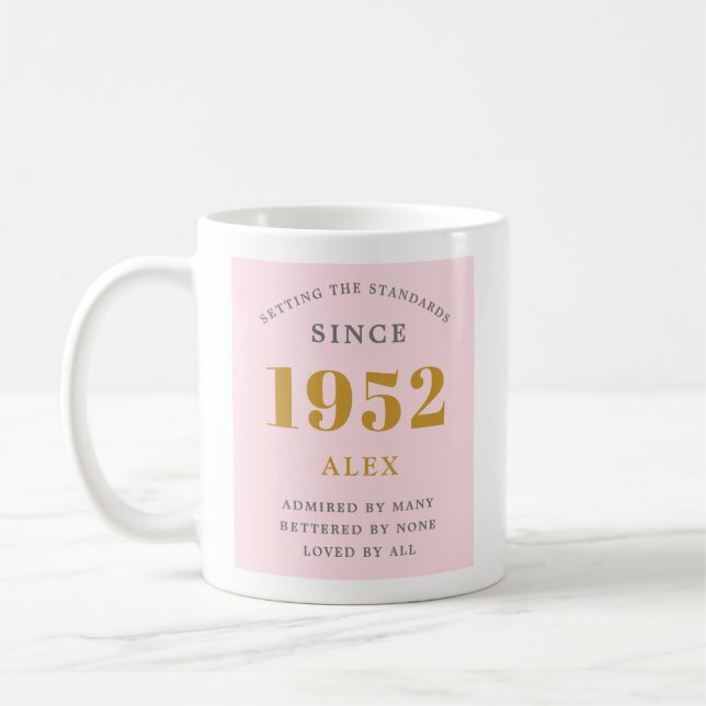 70th Birthday Name 1952 Pink Grey Elegant Chic Coffee Mug (Left)