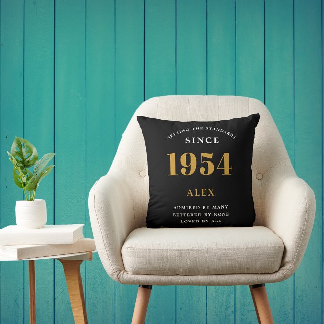 70th Birthday Name 1954 Black Gold Elegant Chic Cushion (70th Birthday Special 1954 Born Black Gold Chic Elegant Throw Pillow - Perfect for Home Décor)