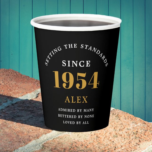 70th Birthday Name 1954 Black Gold Elegant Chic Paper Cups (Sophisticated 70th Birthday Unique Black & Gold Party Paper Cups)