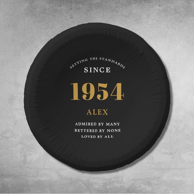 70th Birthday Name 1954 Black Gold Elegant Chic Paper Plate (1954 Setting The Standards Paper Bowls: 70th Birthday Customizable Black Gold Elegant And Chic)
