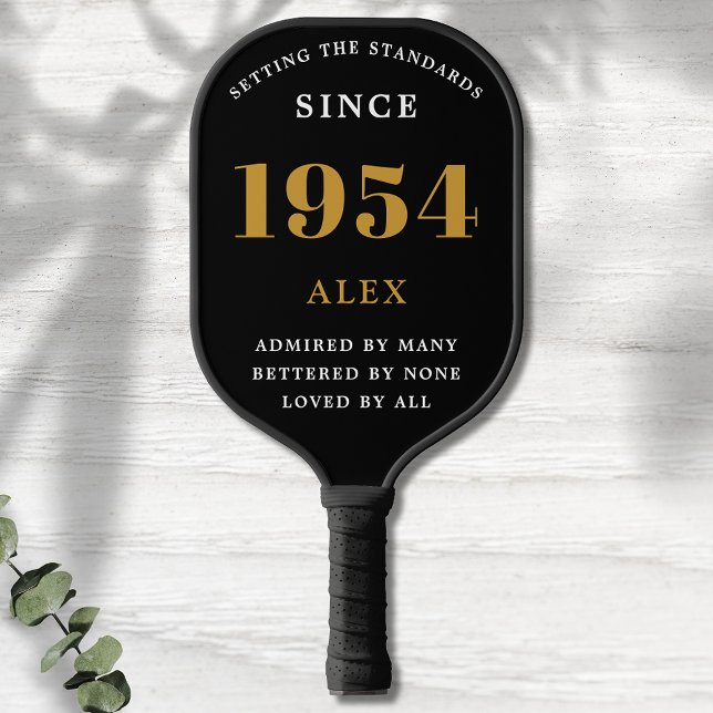 70th Birthday Name 1954 Black Gold Elegant Chic Pickleball Paddle (Chic '1954' 70th Birthday Black and Gold Personalized Pickleball Paddle)