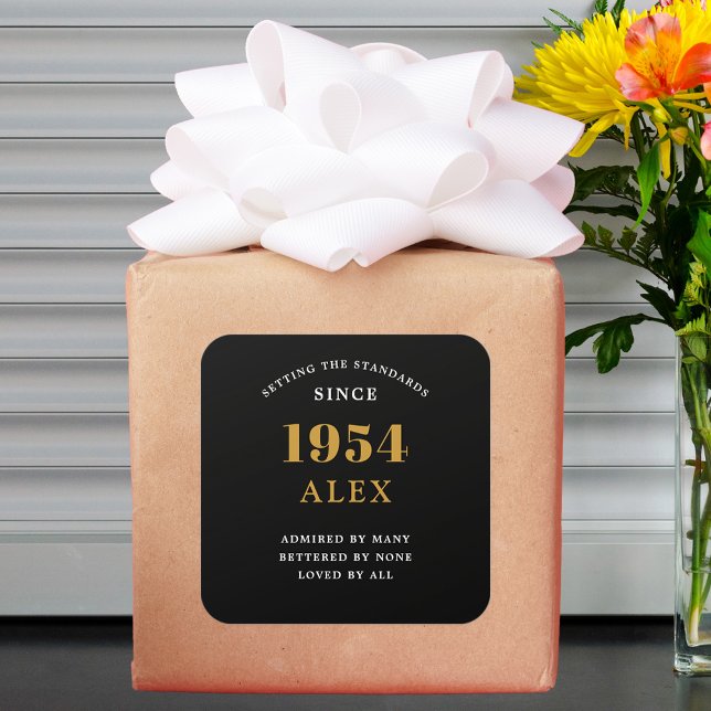 70th Birthday Name 1954 Black Gold Elegant Chic Square Sticker (70th Birthday 1954 Elegance: Exceptionally Chic Black and Gold Square Sticker.)