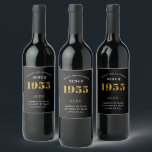70th Birthday Name 1955 Black Gold Elegant Chic<br><div class="desc">1955 Vintage 70th Birthday Black & Gold Elegant Wine Label. Celebrate your milestone with our exclusive birthday wine label. The meticulously designed label with stunning black and gold hues effortlessly enhances the visual appeal of your favourite wine. The year prominently featured on the label, adds a nostalgic throwback to the...</div>
