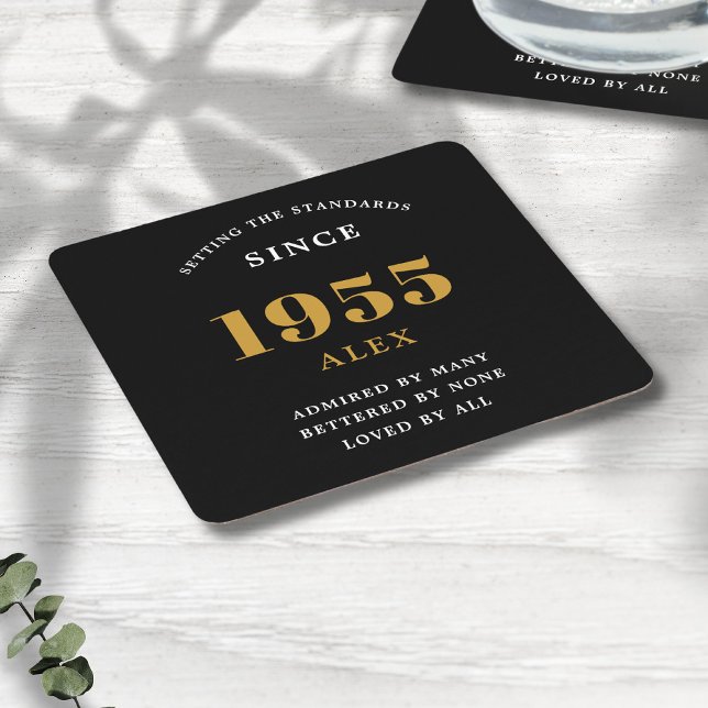 70th Birthday Name 1955 Black Gold Elegant Chic Square Paper Coaster (Personalized 70th birthday paper party coasters)
