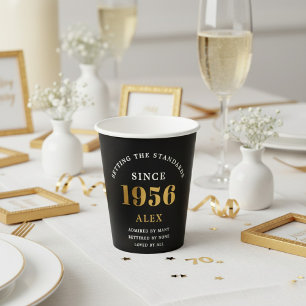 70th Birthday Name 1956 Black Gold Elegant Chic Paper Cups