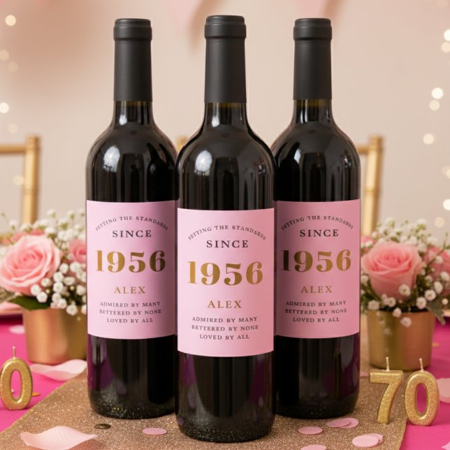 70th Birthday Name 1956 Pink Gold Elegant Chic Wine Label (70th birthday pink wine bottle labels on 3 red wine bottles.)