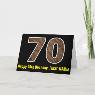 70th Birthday: Name + Faux Wood Grain Pattern "70" Card