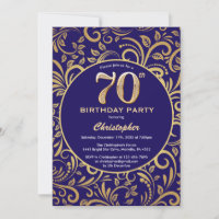 70th Birthday Navy Blue and Gold Floral Pattern