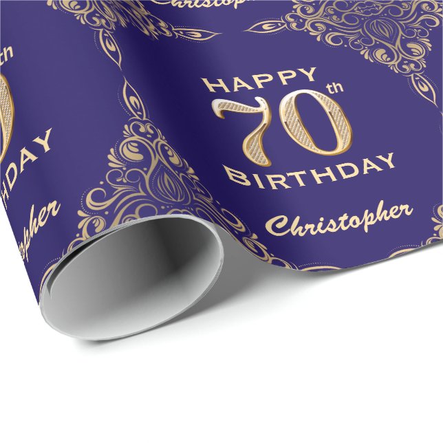 70th Birthday Navy Blue and Gold Glitter Frame Wrapping Paper (Roll Corner)