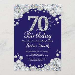 70th Birthday Navy Blue and Silver Diamond Invitation