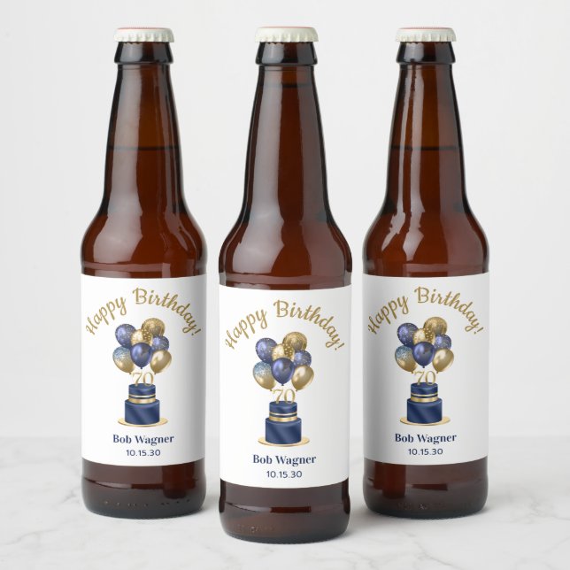 70th Birthday Navy Blue Balloon Cake Beer Bottle Label (Bottles)