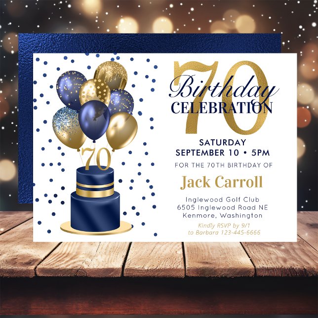 70th Birthday Navy Blue Balloon Cake Invitation (Creator Uploaded)