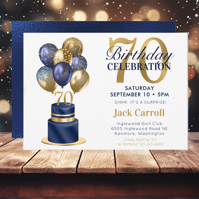 70th Birthday Navy Blue Balloon Cake Invitation (Creator Uploaded)