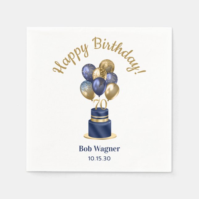 70th Birthday Navy Blue Balloon Cake Napkin (Front)