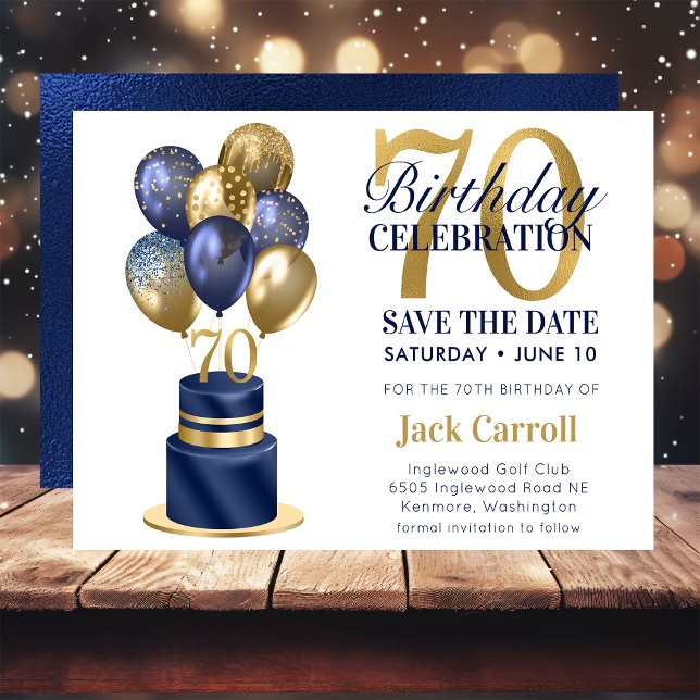70th Birthday Navy Blue Balloon Cake Save The Date (Creator Uploaded)