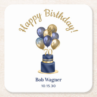 70th Birthday Navy Blue Balloon Cake Square Paper Coaster