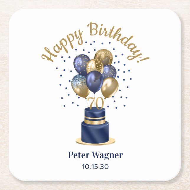 70th Birthday Navy Blue Balloon Cake Square Paper Coaster (Front)