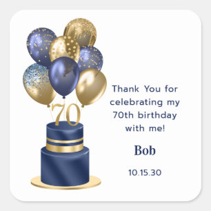 70th Birthday Navy Blue Balloon Cake Thank You Square Sticker