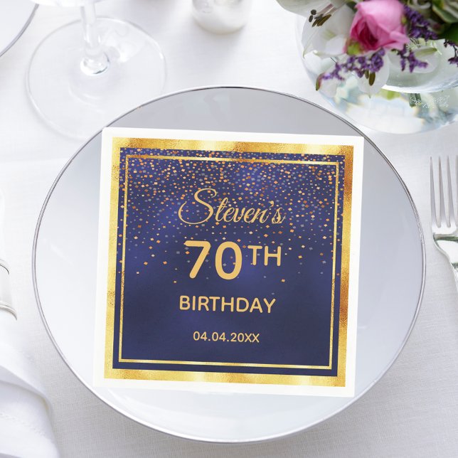 70th birthday navy  blue gold monogram men guys napkin (Creator Uploaded)