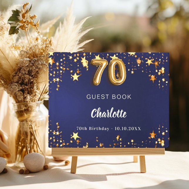 70th Birthday navy blue gold stars Guest Book (Creator Uploaded)