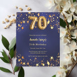 70th birthday navy blue gold stars invitation<br><div class="desc">A modern,  stylish invitation for a 70th birthday.  A navy blue background,  decorated with golden stars. The blue colour is uneven. Personalise and add your name and party details.  

1 sheet = 1 invitation printed edge to edge.</div>