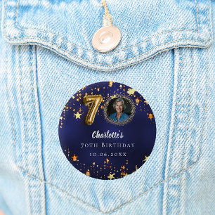 70th birthday navy blue gold stars photo 6 cm round badge