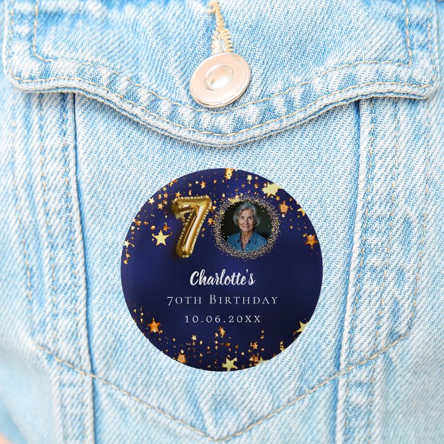 70th birthday navy blue gold stars photo 6 cm round badge (Creator Uploaded)